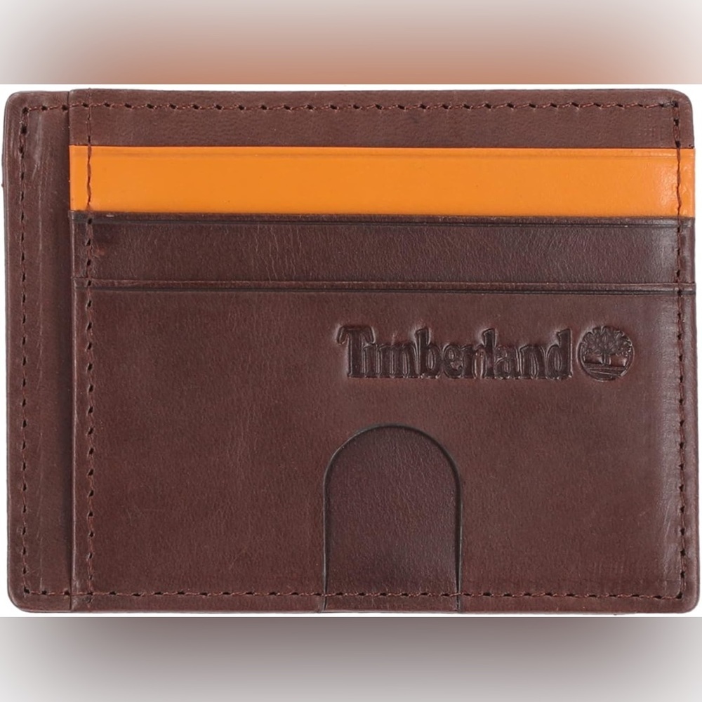 Timberland Mens Slim Leather Pocket Credit Holder Wallet, Brown Cloudy Card Case